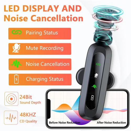 Miniatura 4 de Micrófono Lavalier inalámbrico 3 en 1 para iPhone, iPad, Android, cámara, paquete de 2 mini micrófonos profesionales con pantalla LED, clip
