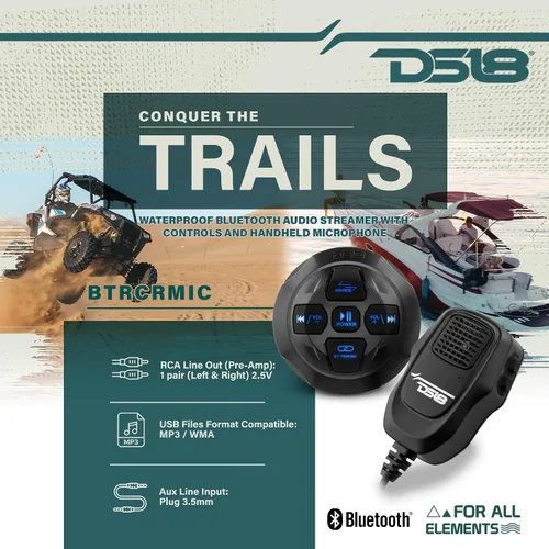 Miniatura 2 de DS18 BTRCRMIC Controlador de audio Bluetooth inalámbrico, receptor marino impermeable, control remoto con USB Bluetooth RCA, micrófono estilo radio