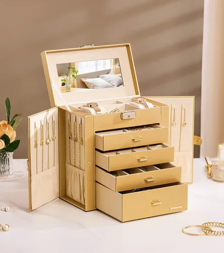 Miniatura 72 de Homde Regalos de Navidad de cuero sintético, enorme joyero, organizador de reloj con espejo, collar, anillo y aretes, estuche de regalo con Dorado