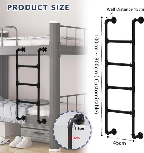 Miniatura 2 de Metal Loft Bed Ladder Wall Mounted，Wrought Iron Bunk Bed Ladder Attic Stairs Entrance Egress Ladder with Mounting Fittings Black Step Ladders，Loads