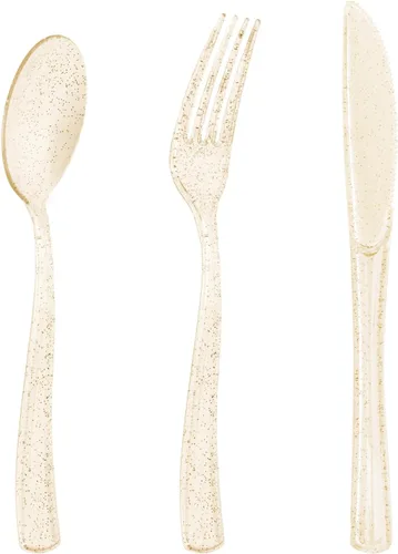 Miniatura 8 de Goodluck 500 cubiertos de plástico dorados, utensilios dorados desechables, juego de cubiertos de plástico de 200 tenedores, 150 cucharas, 150