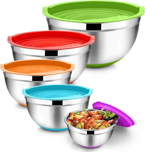 Miniatura 14 de TeamFar Tazones para mezclar con juego de tapas, 7/3.5/2.5/1.5/1 cuartos de galón, tazón grande de acero inoxidable para ensalada anidable, parte