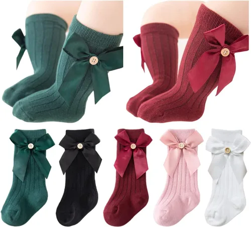 Miniatura 10 de QandSweet Calcetines altos hasta la rodilla para bebé, recién nacido, sin costuras, para niñas pequeñas, con lazo grande, de algodón