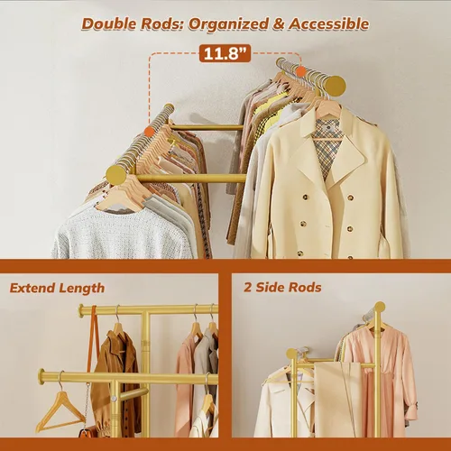 Miniatura 4 de Perchero de ropa para colgar ropa, perchero portátil con ruedas, perchero de ropa de doble barra con cesta de almacenamiento, perchero