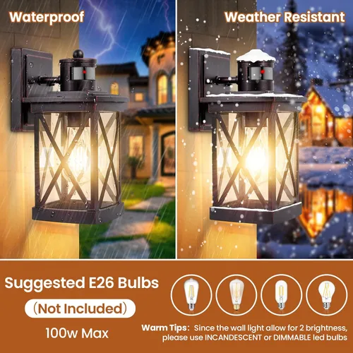 Miniatura 5 de Luces exteriores con sensor de movimiento para montaje en pared, 2 paquetes marrones de luces de pared exteriores impermeables del atardecer al