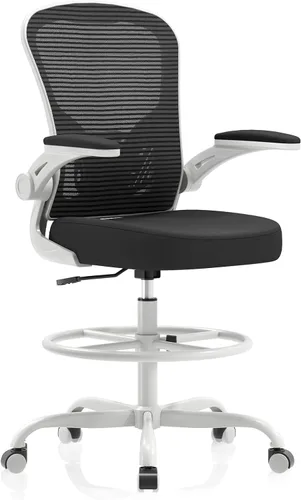 Miniatura 11 de Silla de Dibujo Ergonómica, Silla de Oficina Alta con Reposabrazos Abatibles, Silla de Escritorio Alta de Malla Transpirable con Soporte Lumbar