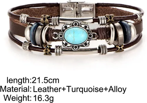 Miniatura 4 de Pulsera de cuero con incrustaciones de turquesa para mujer, pulsera de cuero punk creativa, retro, ovalada, viento, Navidad, cumpleaños, joyería