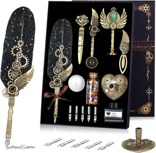 NC Juego de Pluma y Tinta, Juego de Tinta de Pluma de Plumas, Juego de Sellos de Cera, Juego de Plumas de Caligrafía de Plumas, Regalo del Día de