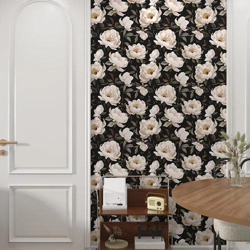 Miniatura 3 de Papel tapiz floral para despegar y pegar, papel de contacto negro/beige, flores de peonía grandes de 17.5 x 118 pulgadas, papel mural vintage