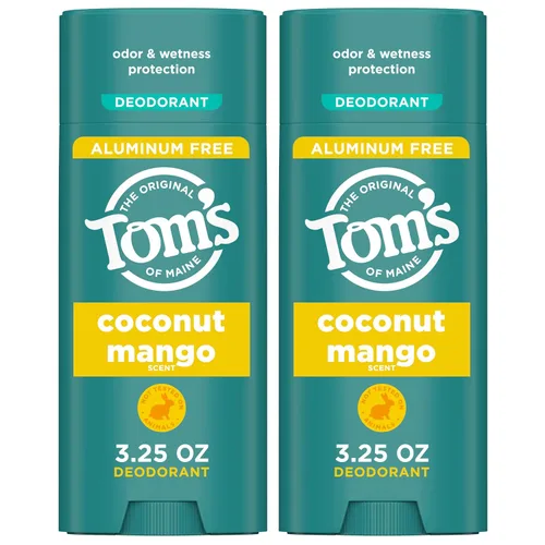 Tom's of Maine Desodorante natural sin aluminio de coco y mango para mujeres y hombres, se transparenta, protección contra olores y humedad,