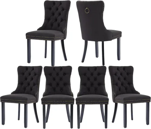 Miniatura 65 de Juego de 2 sillas de comedor de terciopelo, silla de comedor tapizada de alta gama con tirador de anillo en la espalda, adorno de clavos y patas