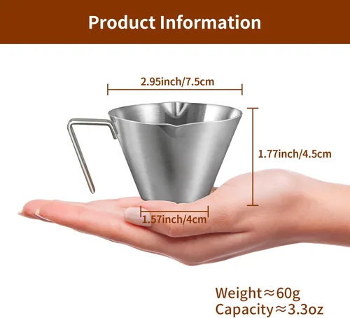 Miniatura 8 de 2 piezas de tazas de espresso de acero inoxidable con asa, taza medidora de metal de doble boquilla con doble escala, taza de espresso con boca