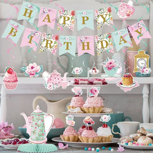 Miniatura 6 de Decoraciones florales de fiesta de té y cumpleaños - Suministros de fiesta "Tea for Two" para niñas pequeñas, guirnalda floral colgante y centro