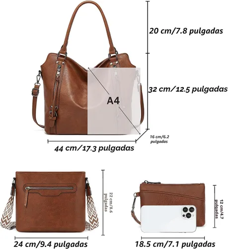 Miniatura 6 de TANTOMI Bolsos de mano para mujer, bolso cruzado grande de cuero, bolso de hombro con cartera correas ajustables Marrón
