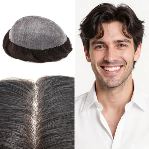 Miniatura 87 de Toupee para hombres Sistema de reemplazo de cabello humano real para hombres Completo PU Mens Hairpiece de aspecto natural para hombre piezas