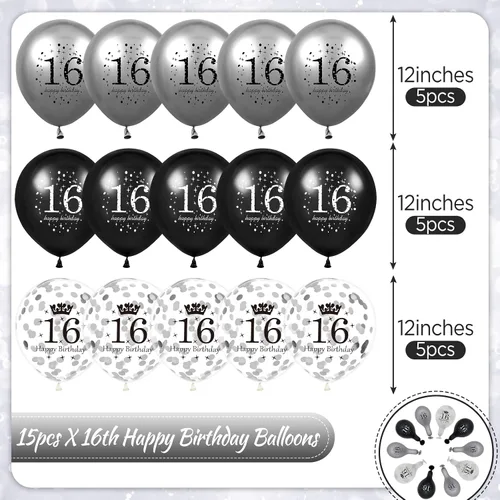 Miniatura 5 de Globos de 16 cumpleaños para decoración de niños, 15 unidades, color negro y plateado, para fiesta de feliz cumpleaños de 16 años, globos de confeti