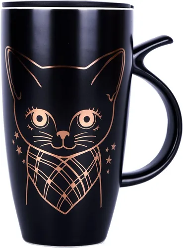 WHJY Taza de café de cerámica grande de 20 onzas con tapa a prueba de salpicaduras, asa en forma de cola de gato, vaso de taza de gato de animales