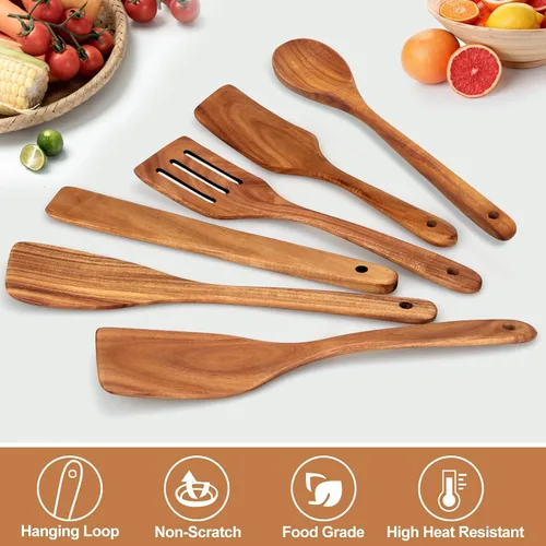 Miniatura 2 de 6 piezas del mejor juego de espátulas planas de madera Set de cuchara de madera de teca para utensilios de cocina volteador ranurado espátula