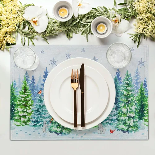 Miniatura 3 de Juego de 4 manteles individuales con diseño de osos de Navidad con acuarela, diseño de pájaros de invierno, diseño de árboles de copo de nieve
