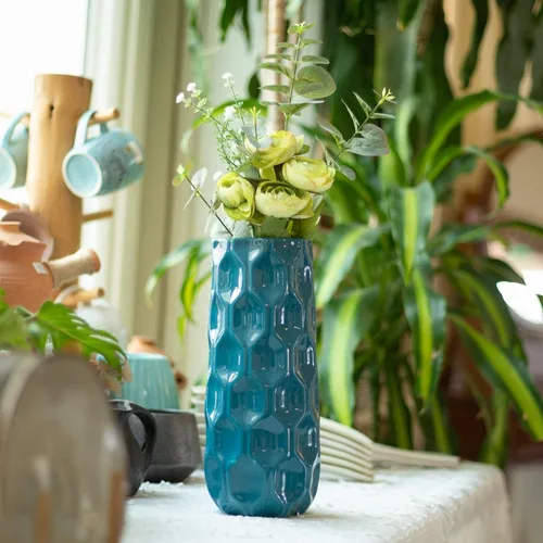 Miniatura 3 de Bdor Jarrón de cerámica, florero de flores de 11 pulgadas, jarrón de panal azul para decoración de habitación, detalles modernos de decoración