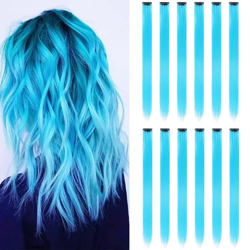 Miniatura 25 de Paquete de 12 extensiones de cabello de colores arcoíris, mechones para fiestas, 22 pulgadas, extensiones de cabello coloridas con clip, mechones