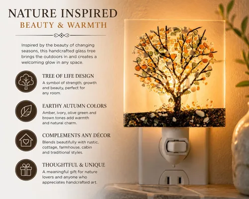 Miniatura 4 de J Devlin NTL 159-1. Luz nocturna de vidrio fusionado con forma de árbol. Handcrafted fused glass Autumn tree design Warm ambient glow Plug-in with