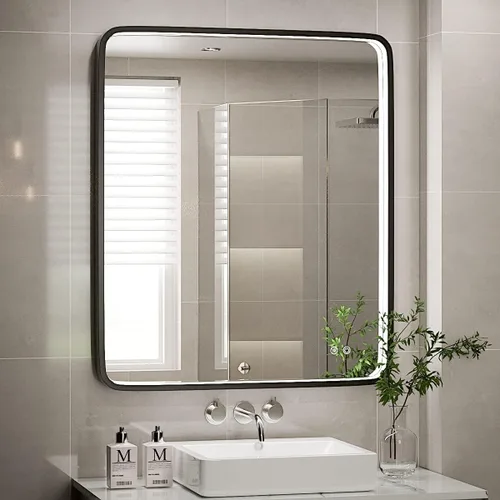 Miniatura 28 de Espejo de baño LED de 20 x 28 pulgadas con luces, marco de metal negro, espejo de tocador iluminado para pared, espejo LED regulable de 3000 K/4500