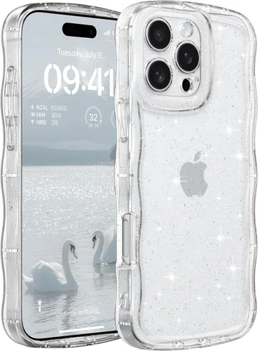 Miniatura 35 de FABSPARK Funda para iPhone 14 Pro Max, bonita funda colorida con láser, retro, exquisita, rizada, borde ondulado, protector estético de TPU suave