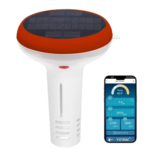 YINMIK - Monitor inteligente de piscina, lector de sal de piscina con energía solar, medidor digital de sal de pH para piscina de agua salada,