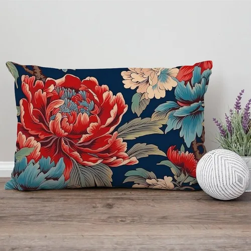 Miniatura 4 de Chinoiserie Throw Pillow Case Red Peony Floral Lumbar Pillowcases Asian Style Decorative Pillow Home Cotton Linen 12x18 Rustic Cushion Cover for