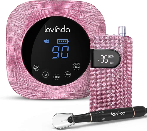 Lavinda Lámpara de uñas UV de 54 W, lámpara de uñas LED UV inalámbrica para esmalte de uñas de gel y lima de uñas eléctrica de 35000 RPM para uñas