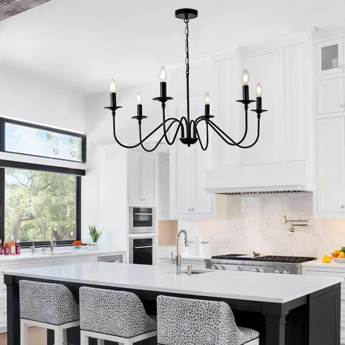 Miniatura 21 de Lámpara colgante estilo granja, luces colgantes negras para isla de cocina, luz colgante de metal industrial y madera vintage, lámpara de techo