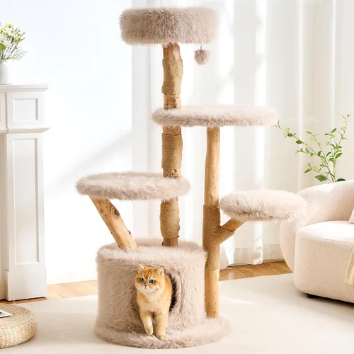 Miniatura 13 de HITTITE Moderna torre de árbol para gatos con poste rascador, torres para gatos de 47 pulgadas de alto con bola rascadora y almohadilla, árbol