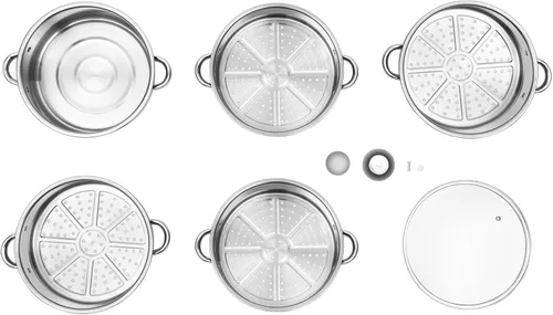 Miniatura 9 de Vaporizador de acero inoxidable de 5 niveles con asas, olla de vapor para cocinar carne y verduras con tapa y asa, olla de vapor redonda con sartén