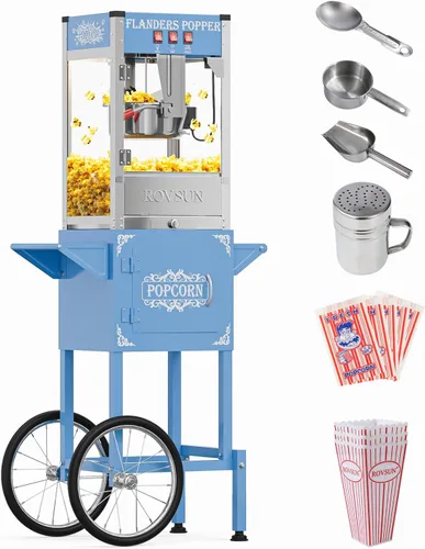 Máquina de palomitas de maíz ROVSUN con carrito, ruedas y hervidor de 8 onzas, hace hasta 32 tazas, máquina de palomitas con cuchara para palomitas,