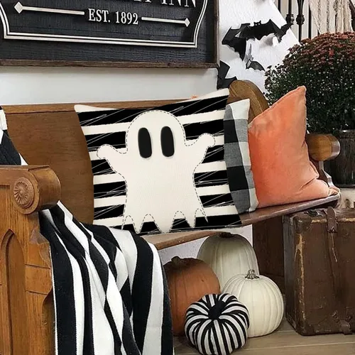 Miniatura 2 de Funda de almohada de fantasma de Halloween de 16 x 16 pulgadas, rayas blancas y negras con espeluznantes fundas de almohada de lino y algodón