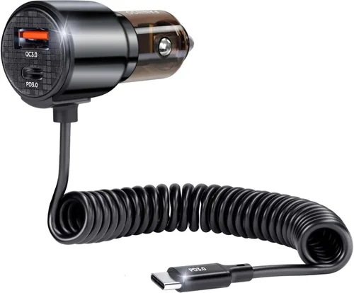 Cargador retráctil de coche de 110 W, adaptador de encendedor de cigarrillos de 3 puertos, cable USB C retráctil de 5.7 pies, cargador de coche USB