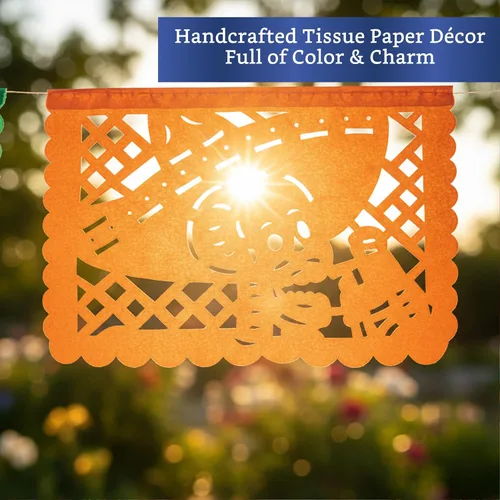 Miniatura 7 de Pancartas de fiesta mexicana (paquete de 5, 10 diseños de banderas de papel de seda por bandera/no de plástico), pancarta de papel picado