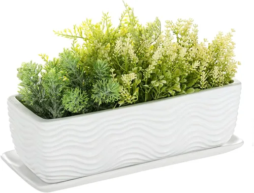 MyGift Maceta de cerámica de 12.5 pulgadas, moderna maceta rectangular texturizada para suculentas con diseño de ondas y platillo extraíble (blanco)