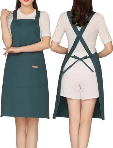 Miniatura 9 de NEWGEM Delantal 100% algodón con espalda cruzada para mujer con 2 bolsillos, correas de botón ajustables, sin dolor de cuello, delantal de chef