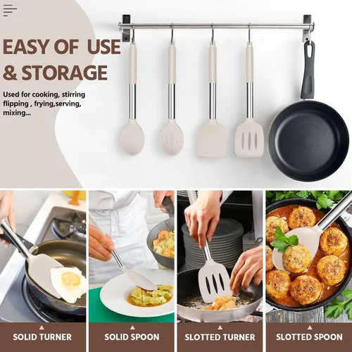 Miniatura 6 de E-far - Juego de utensilios de cocina de 4 piezas, utensilios de cocina de silicona para utensilios de cocina antiadherentes, espátula ranurada Caqui