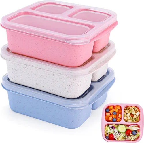 Rinwoc Caja Bento [tamaño de la porción], paquete de 3 recipientes para aperitivos con 3 compartimentos para preparación de comidas y sobre la