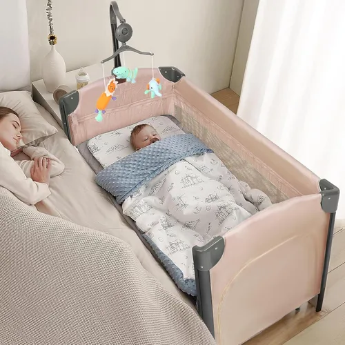 JOYMOR Cuna junto a la cama para bebé, moisés para bebé, parque infantil convertible Pack n Play, cama de viaje plegable rápida con ruedas y freno,