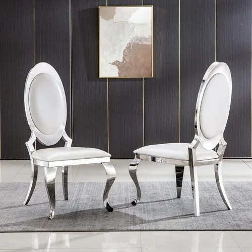 Miniatura 2 de Juego de 6 sillas de comedor modernas tapizadas de cuero con patas de acero inoxidable plateadas, sillas de cocina contemporáneas sin brazos