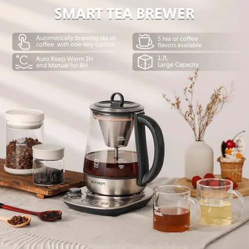 Miniatura 6 de BUYDEEM K176 - Tetera eléctrica multifuncional de acero inoxidable para preparar té y café, mantener el calor automático, 5 controles de sabor, 1.5L