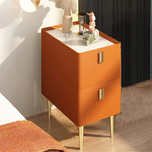 Miniatura 8 de Mesita de noche moderna de madera maciza con almacenamiento de 2 cajones, parte superior de mármol, práctica mesa auxiliar auxiliar para dormitorio