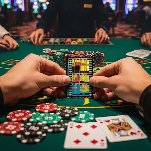 Miniatura 4 de Tarjeta de estrategia de blackjack (paquete de 1) – Tarjeta de estrategia básica con cartera de cuero – Referencia de bolsillo compatible con casino