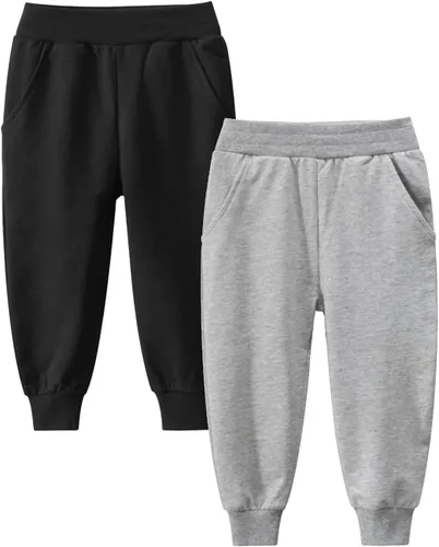 Miniatura 2 de HILEELANG Pantalones deportivos para niños pequeños, pantalones deportivos de algodón casual, ropa de juego activa, paquete de 2