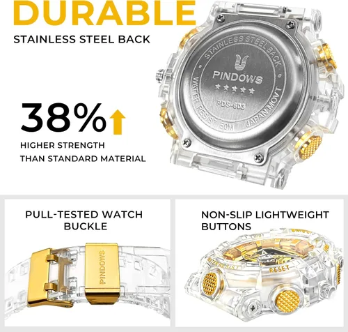 Miniatura 7 de Relojes PINDOWS para hombre, transparente dorado, analógico digital, doble hora, 50M resistente al agua, retroiluminación LED, multifuncional