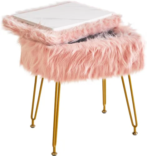 Miniatura 12 de IBUYKE Taburete de Vanidad Redondo de Piel Sintética con Almacenamiento, Silla Otomana de Maquillaje Peluda, Asiento Acolchado Suave, Reposapiés